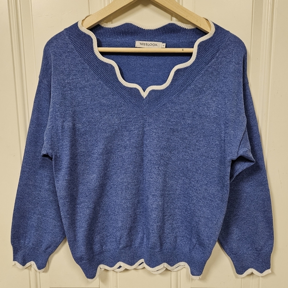 Misslook scallop hem V-neck blue knit wool sweater size S
